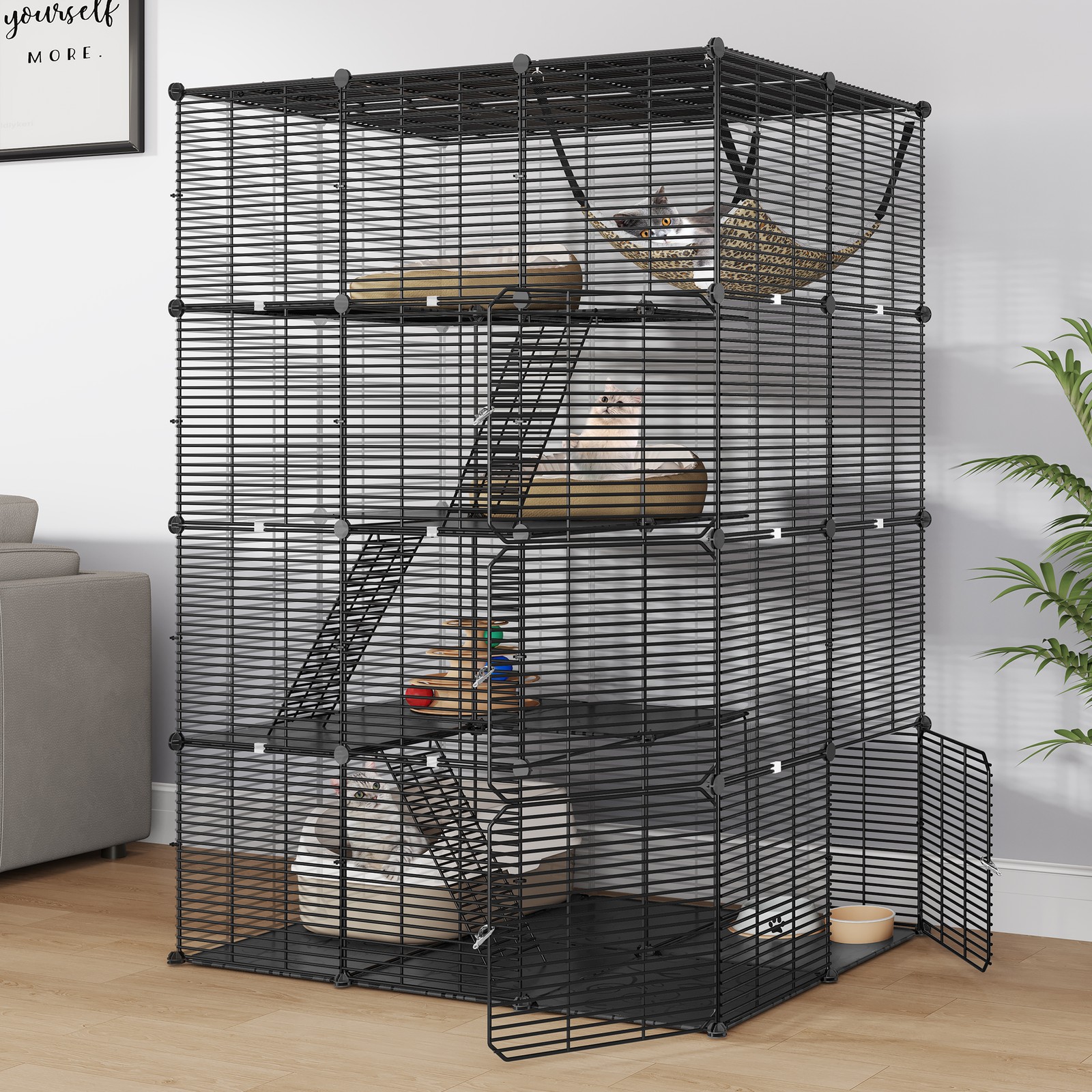 41x55" Black 4 Tier Ferret Cage  Free Hammock Metal Rabbit Hutch Cat Catio