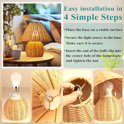 Bamboo Table Lamp Handmade Boho Rattan Bedside Lamp,3 Colors Small Brown