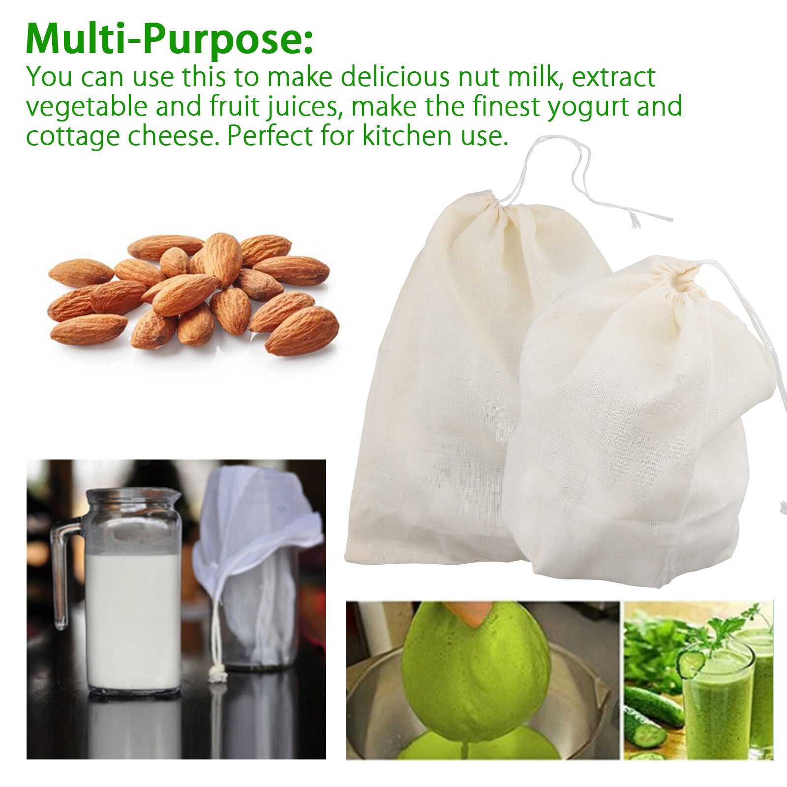 3PCS Organic Cotton Nut Milk Bag Reusable Food Strainer Brew Coffee Cheese Cloth