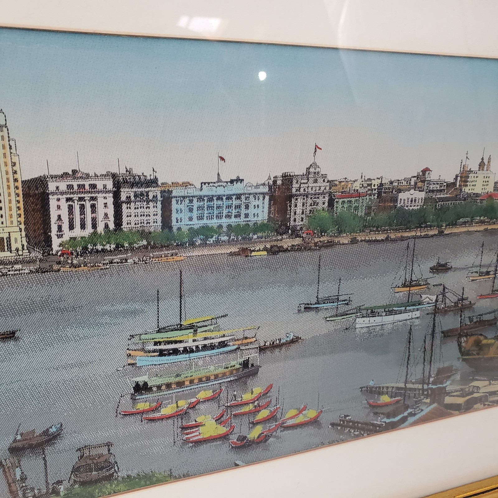 Vintage Shanghai The Bund Silk Woven Panorama Framed Historical Waterfront Art