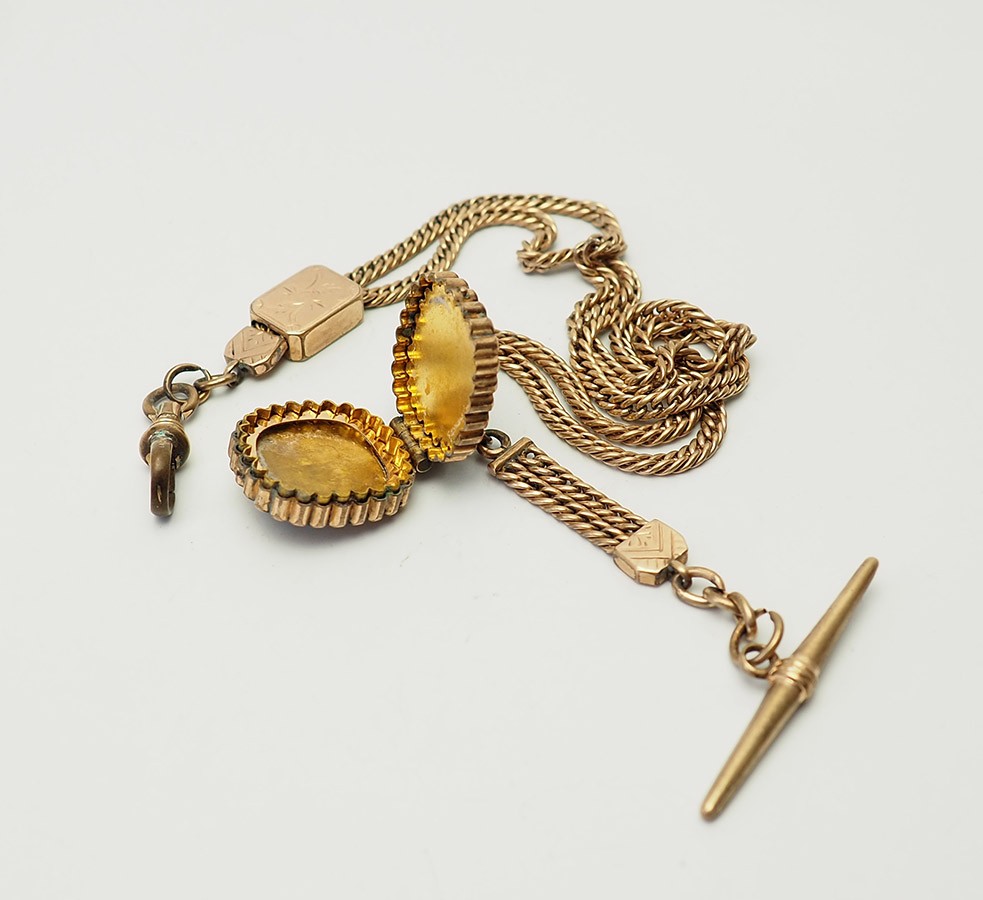 Antique gold filled carved tiger eye profile etched locket chain watch fob