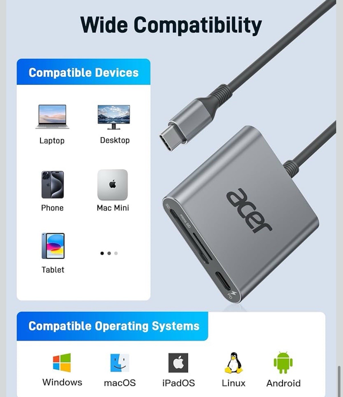 Acer SD 4.0 Card Reader UHS-II Micro SD USB C Dual Slot PD for iPhone MacBook