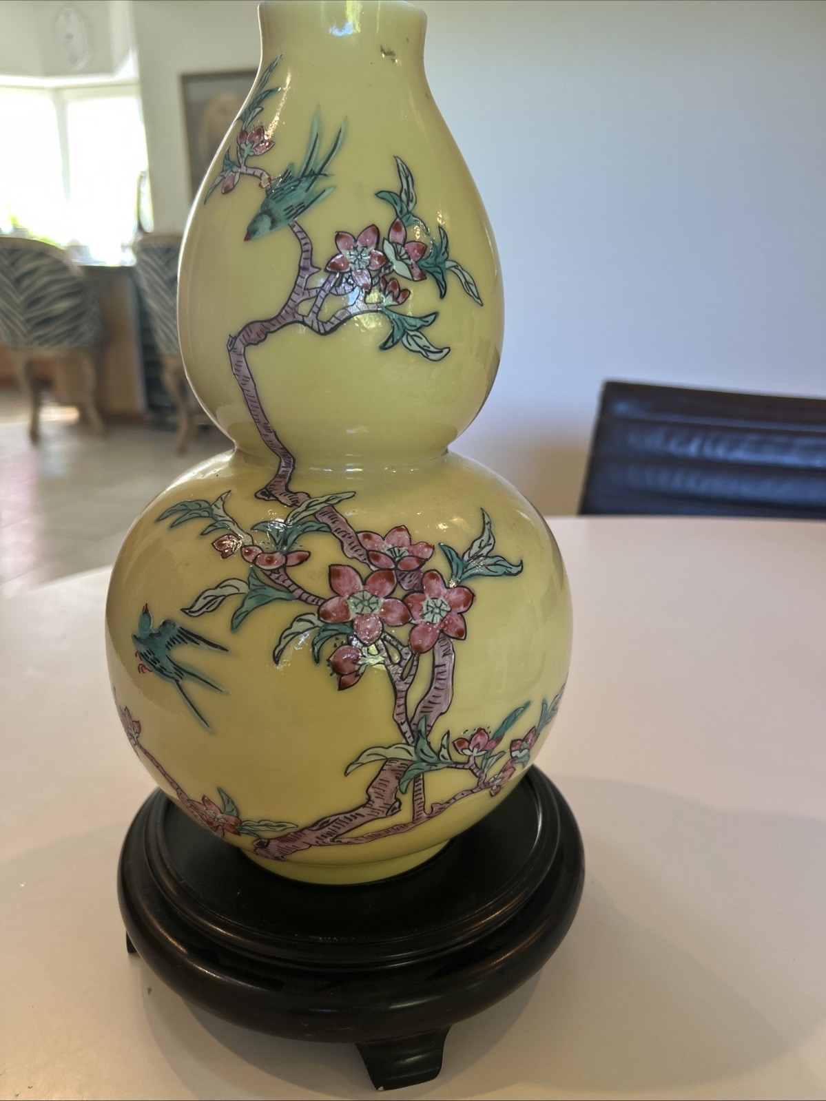 Vtg Chinese Famille Floral Birds Gourd Shaped Porcelain Vase