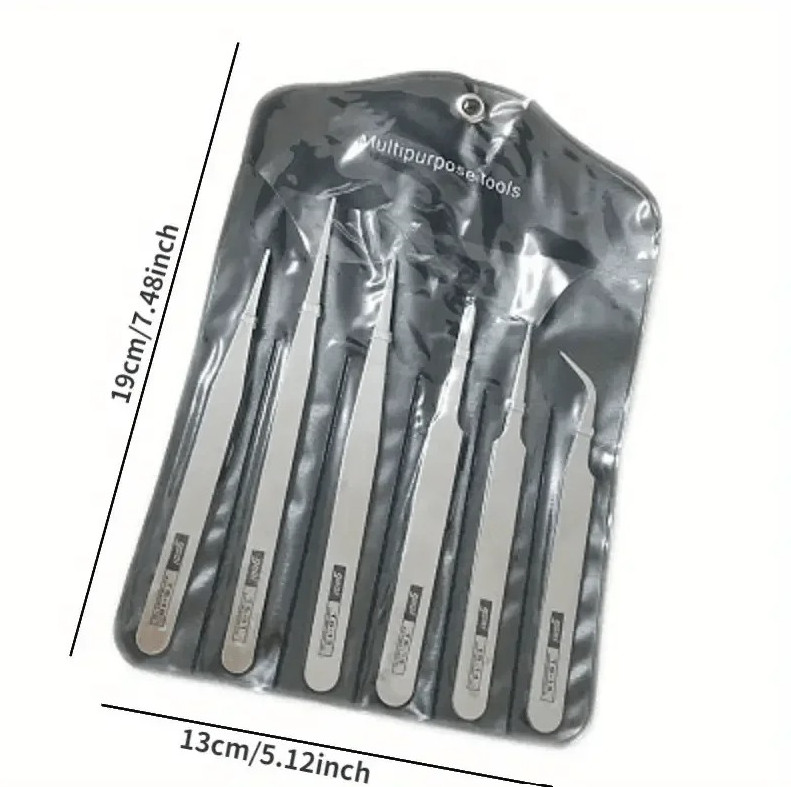 6pcs Stainless Steel Solid Tweezers Set Precision Elbow Tools Silver - NEW
