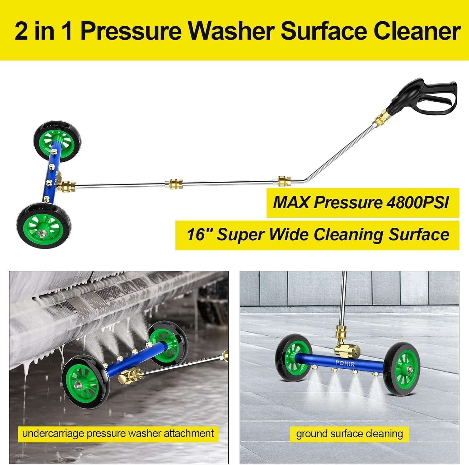 POHIR 16" Pressure Washer Undercarriage Cleaner 4800 PSI Under Car Washer Broom