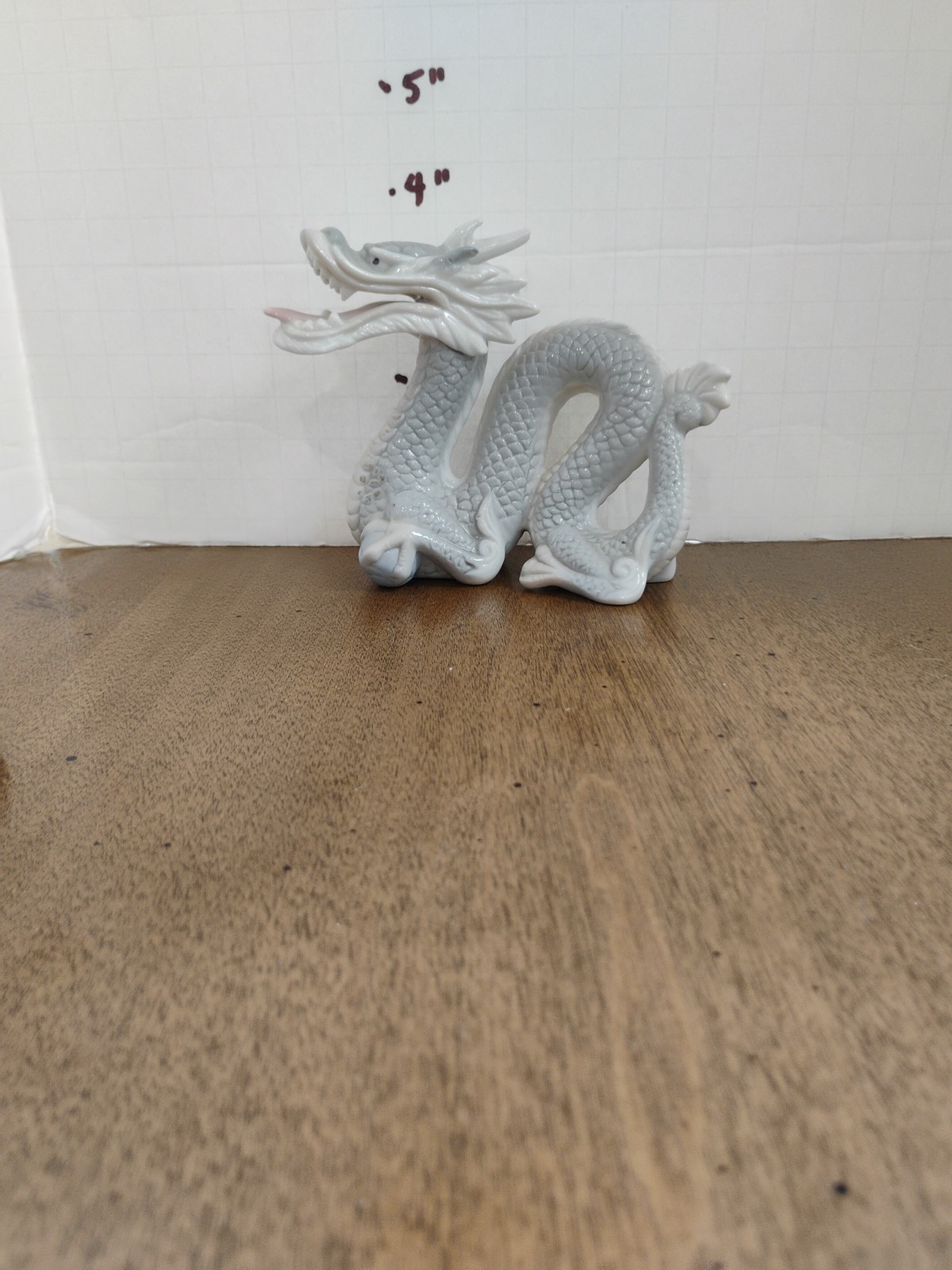 Vintage Yoshimi K Porcelain Foo Dragon Figurine Gray White Sphere Japan