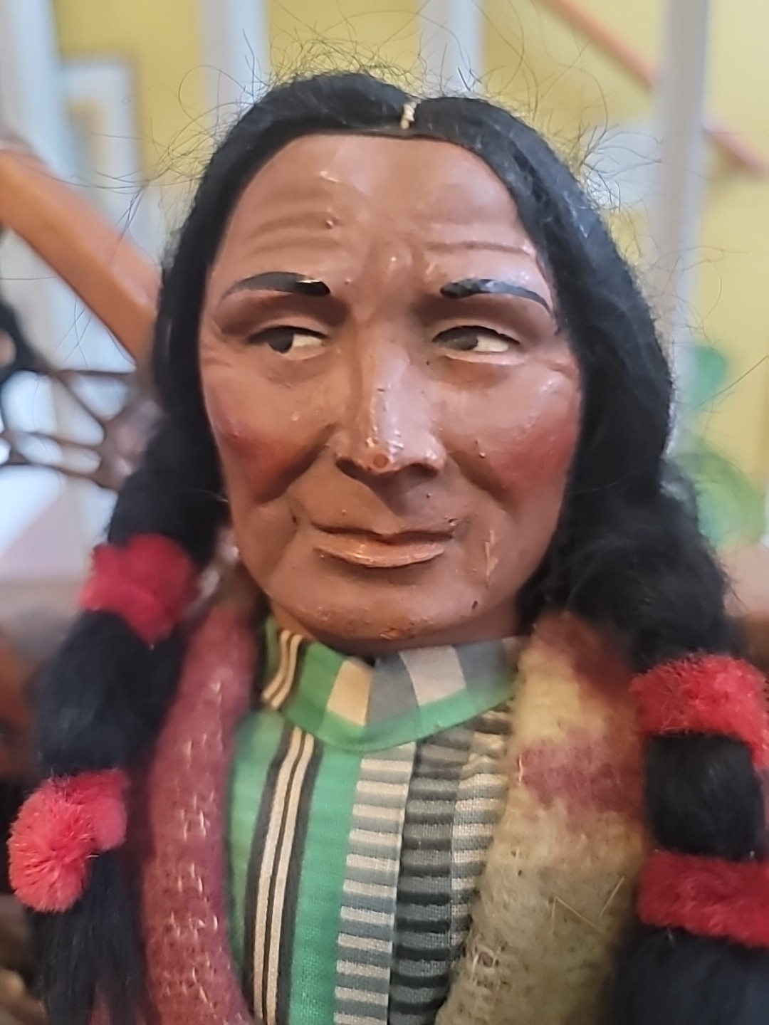 Antique Skookum Doll Early Paint Face Wool Straw Stuffed Mohair Wood Legs 15 1/2