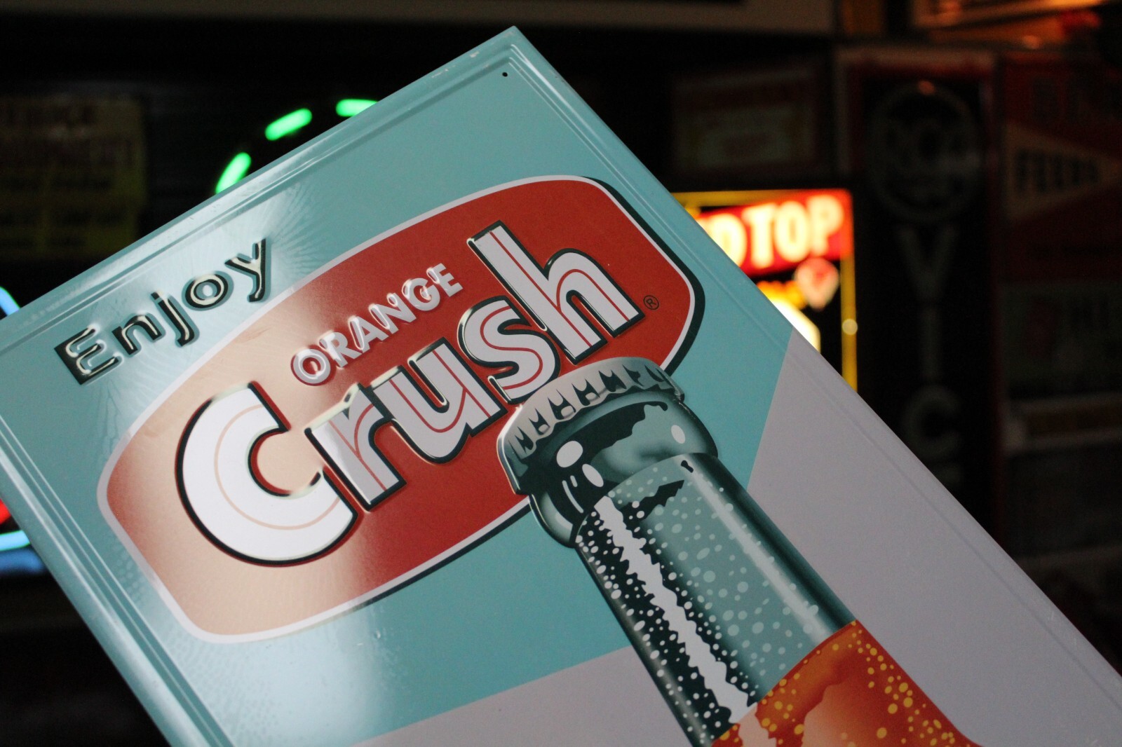 RARE ENJOY ORANGE CRUSH SODA POP VERTICAL EMBOSSED METAL SIGN BOTTLE STORE GAS