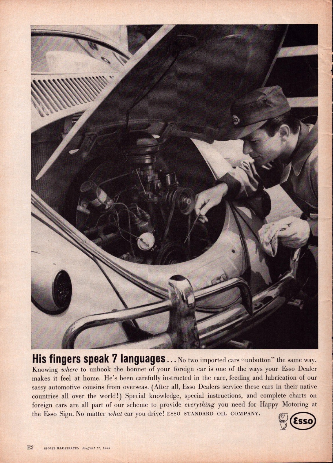 1959 Vintage Print AD - Esso Standard Oil Co - VW Bug Mechanic - Wall Art