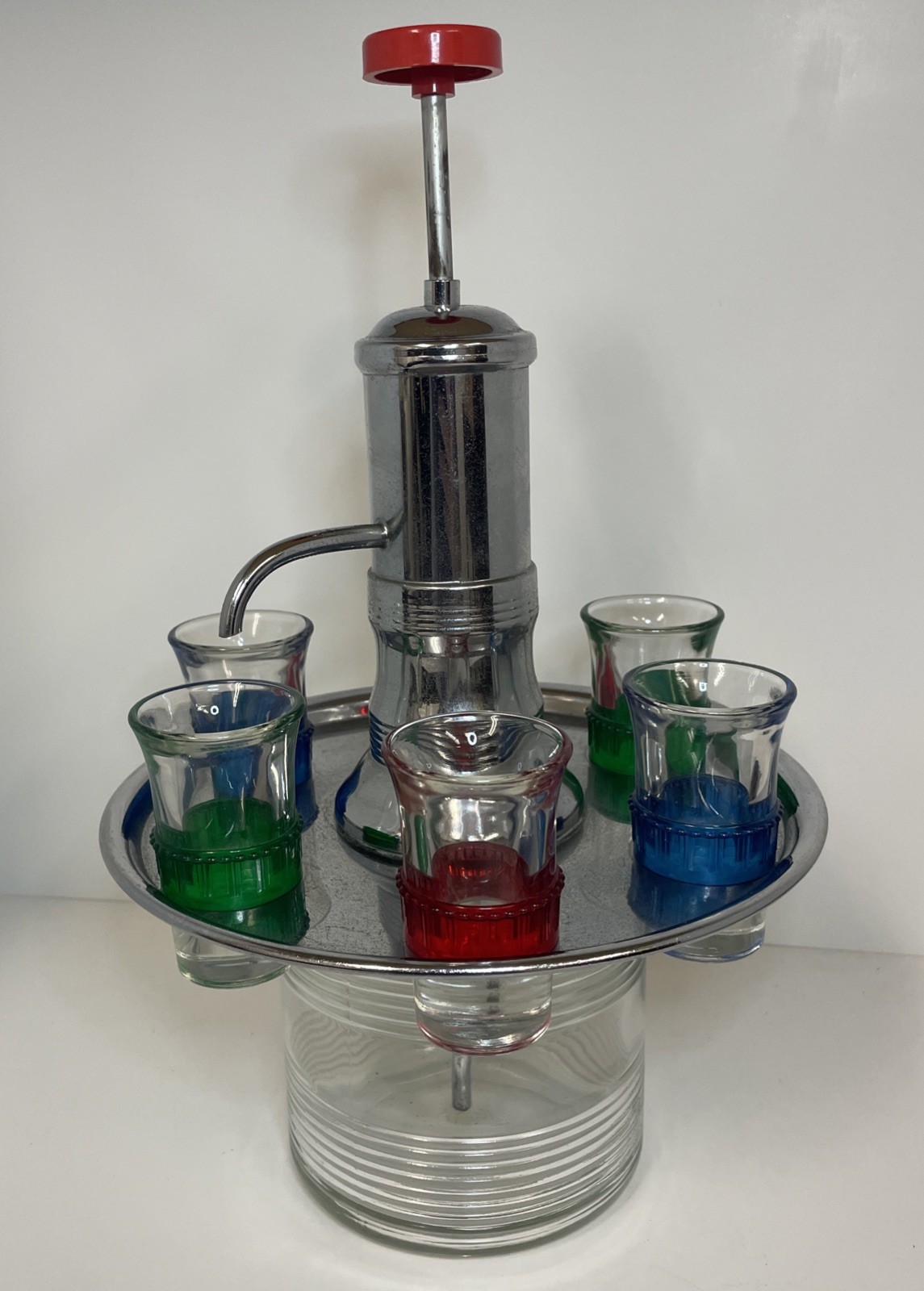 Vintage Park Sherman MCM Liquor Dispenser w/6 Shot Glasses Rotating Chrome Tray