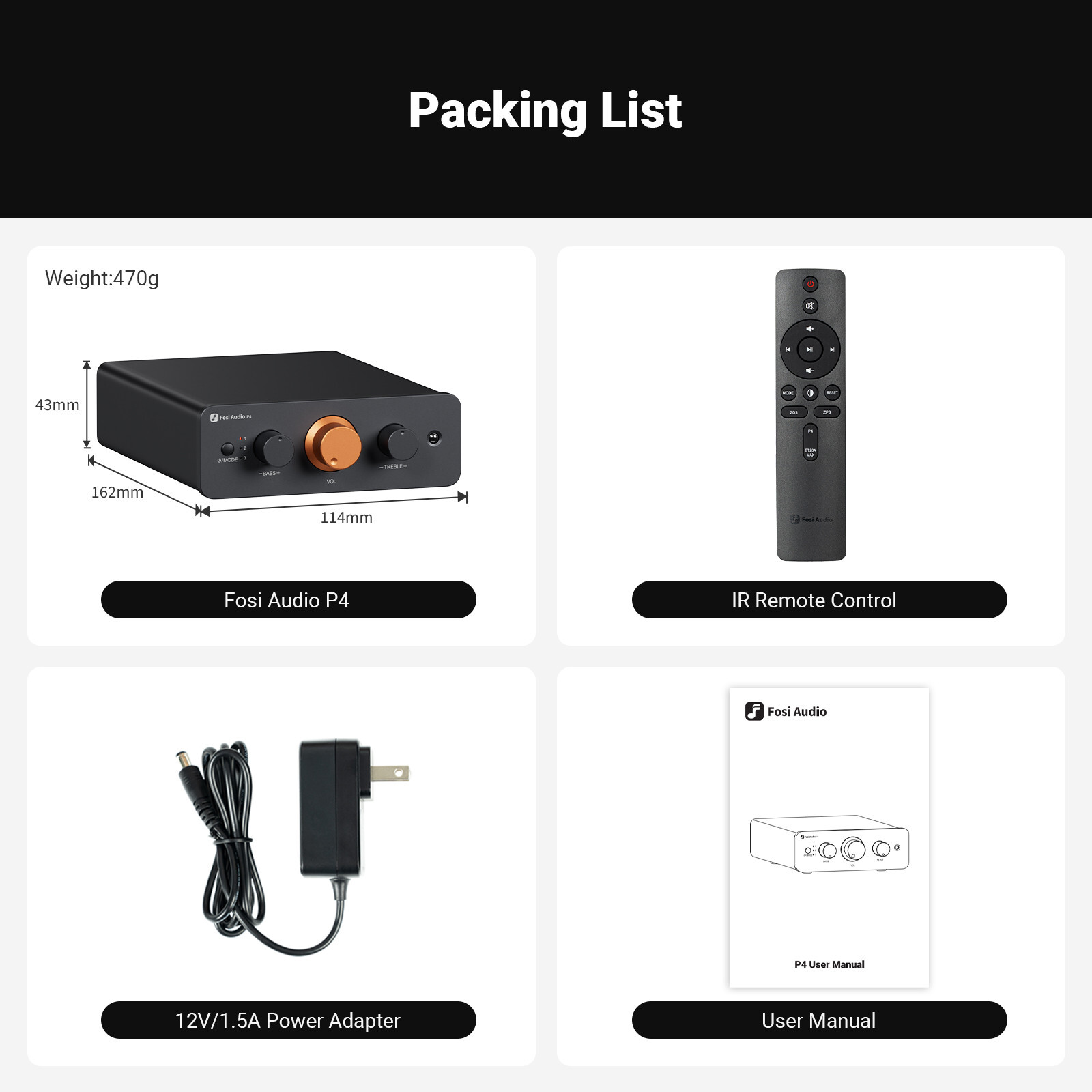 Fosi Audio P4 Mini Preamplifier Bass & Treble Control Gain Adjustable W/3 Inputs