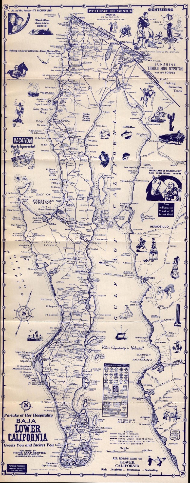 1950s Union Oil 76 Baja Lower California Road Map Mexico Ensenada