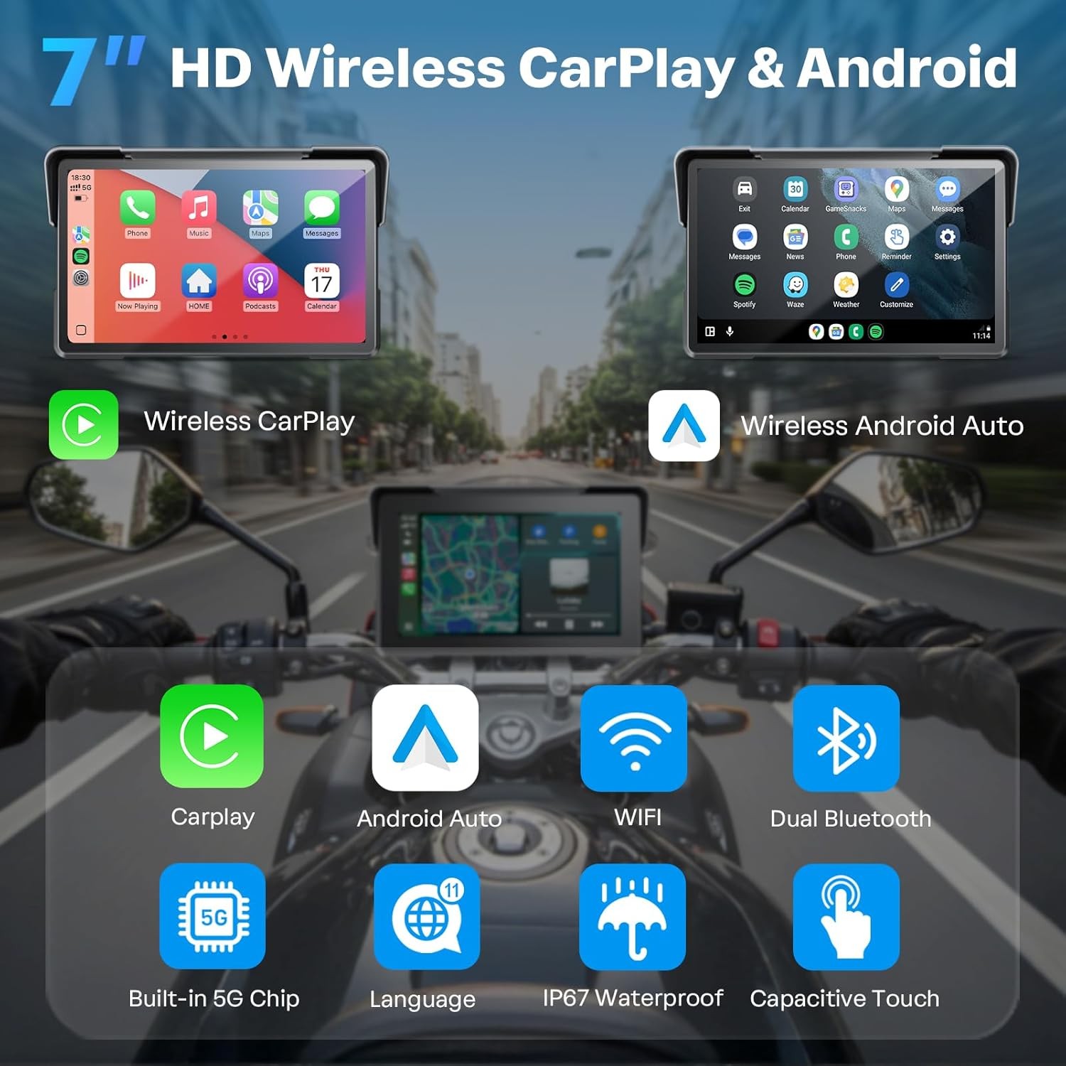 7" Wireless Motorcycle Carplay GPS Navigation System Apple Carplay Android Auto