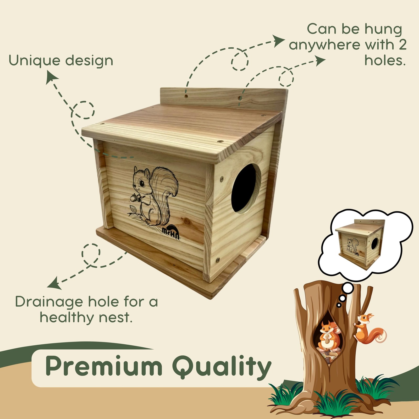 MrHN Small Squirrel House - Easy Assembly Nesting Box for Outside Wildlife