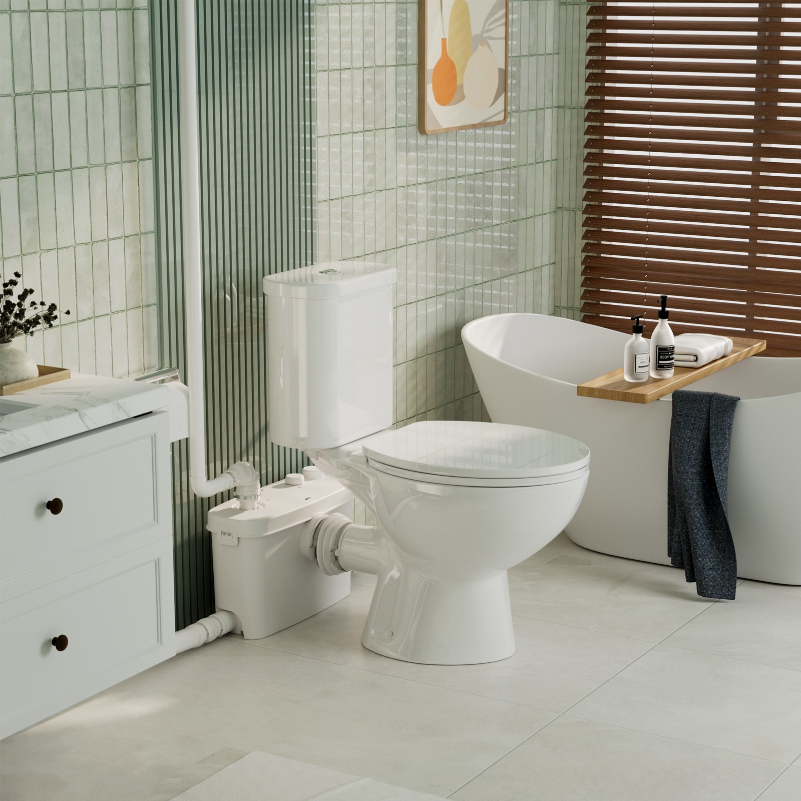 500W Macerating Toilet With 4 Water Inlet Two-piece Upflush Toilet for Basement