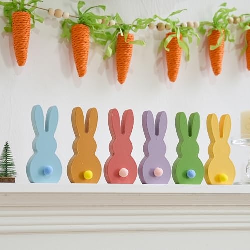 Easter Decorations Bunny Figurine, Wooden Bunny Decor for Set of 6 Multi-color