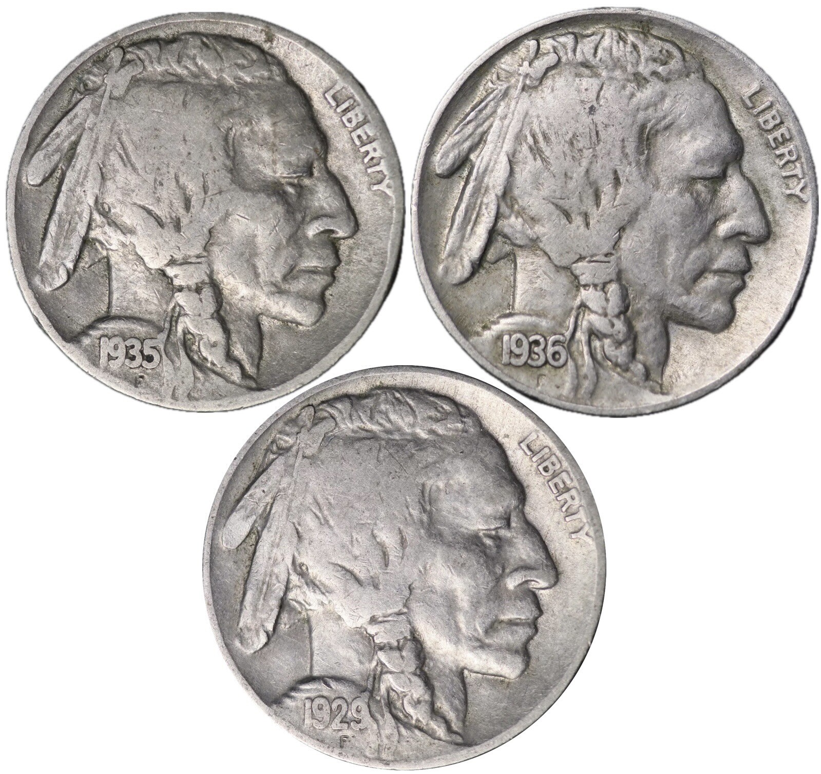BUFFALO Indian Head Nickel lot (3) Coins with FULL DATES - Native American Lot!