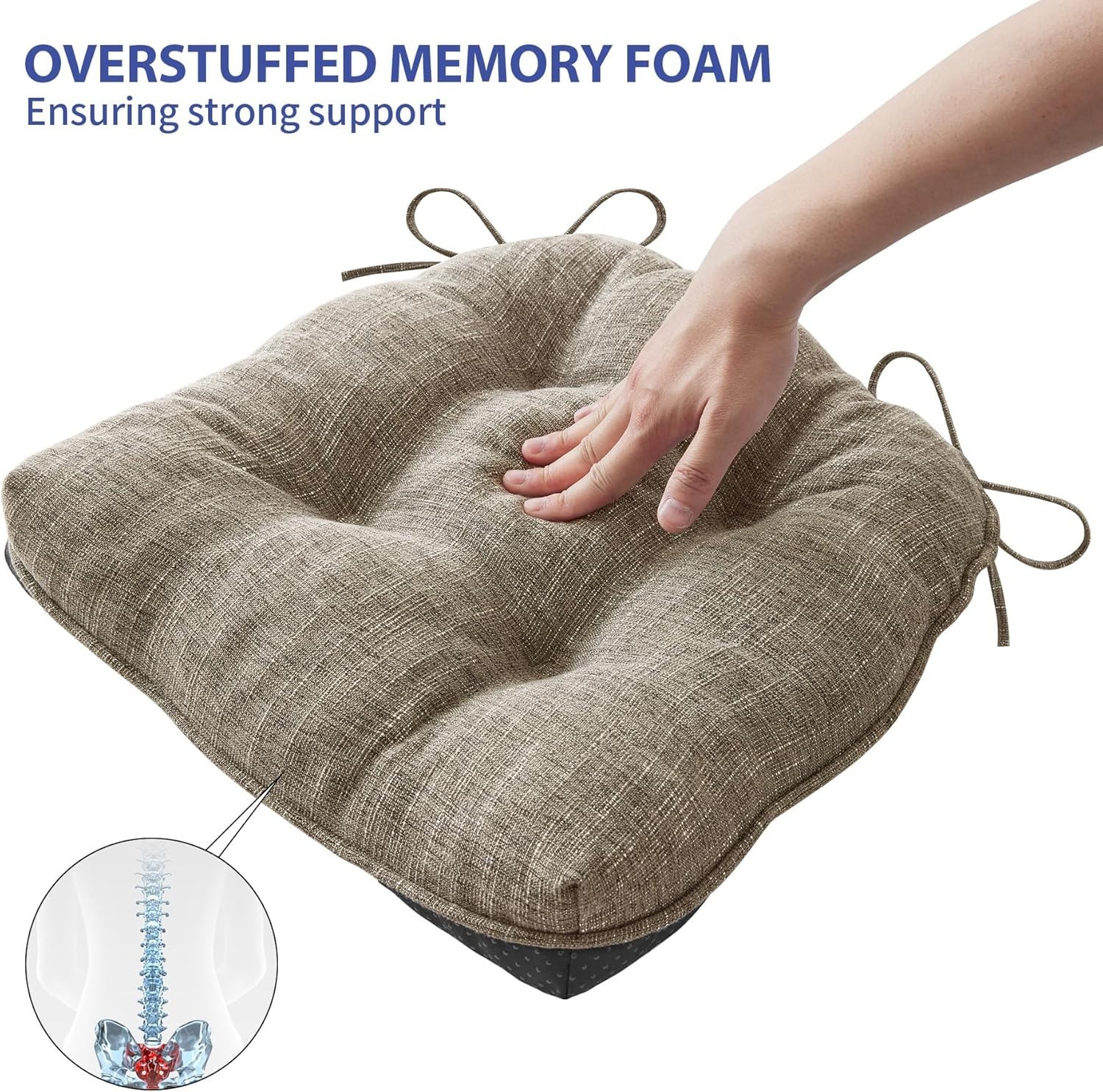 2-Pack Khaki Dining Chair Cushions - Ergonomic, Washable & Non-Slip Backing