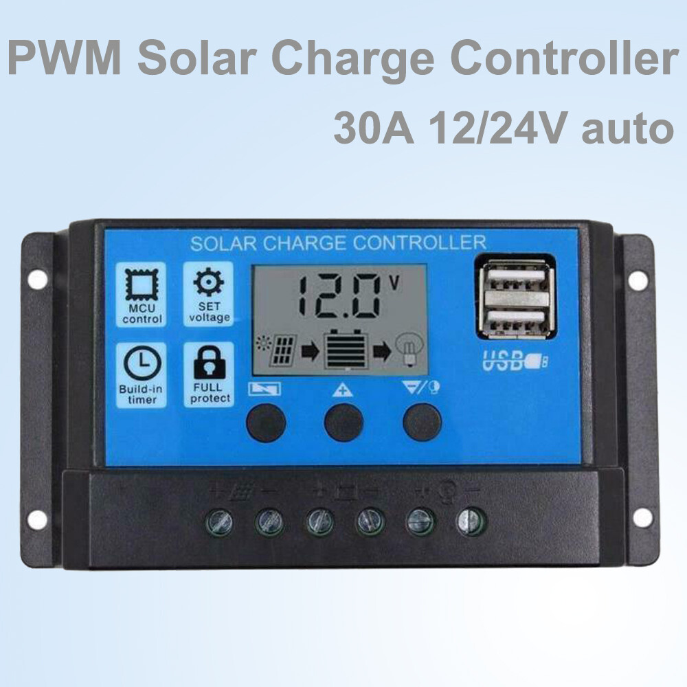 PWM Solar Charge Controller 30A 12/24V Regulator Battery Charger LCD USB Home RV