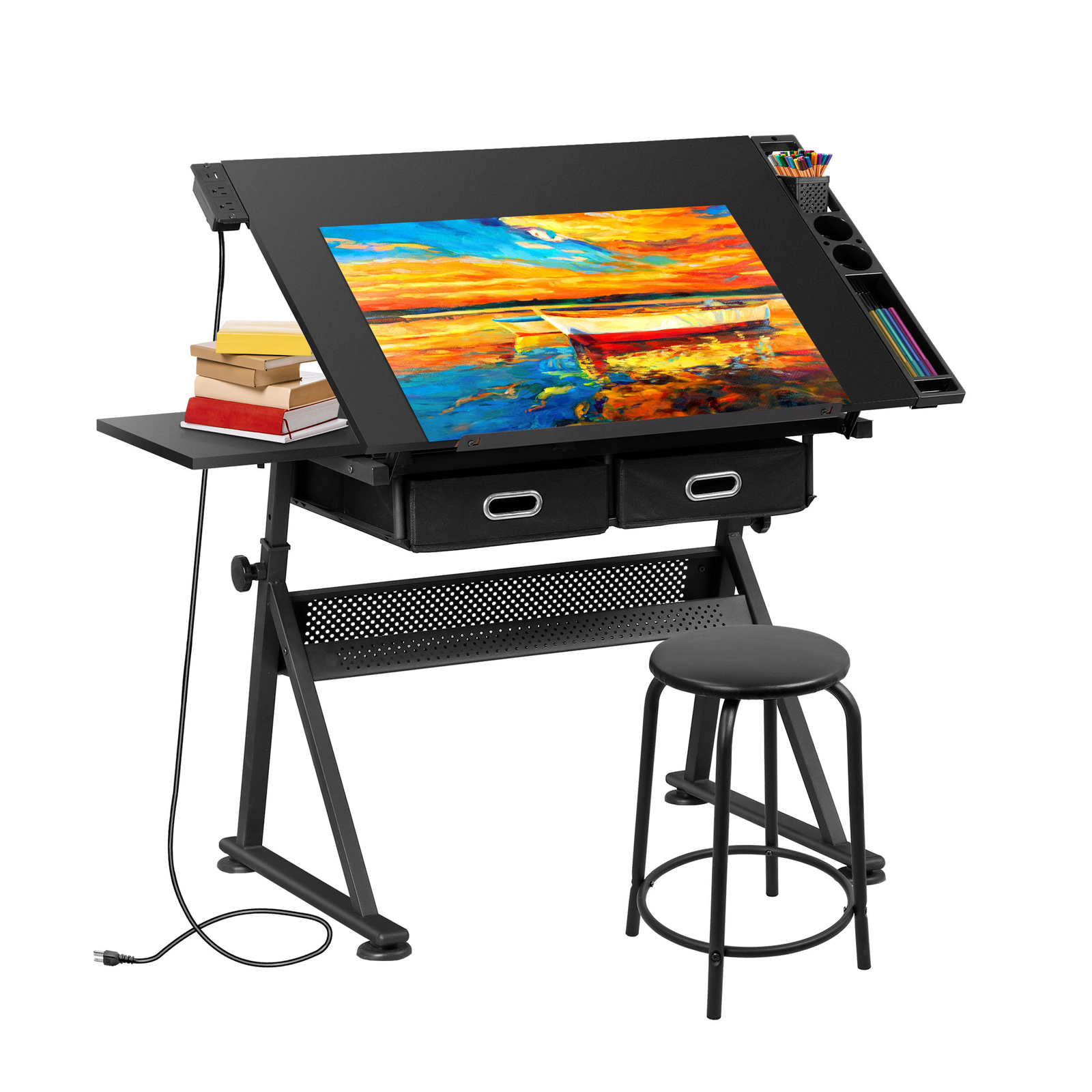 Drafting Table Drawing Desk Adjustable Tabletop w/Charging Station & Stool Black