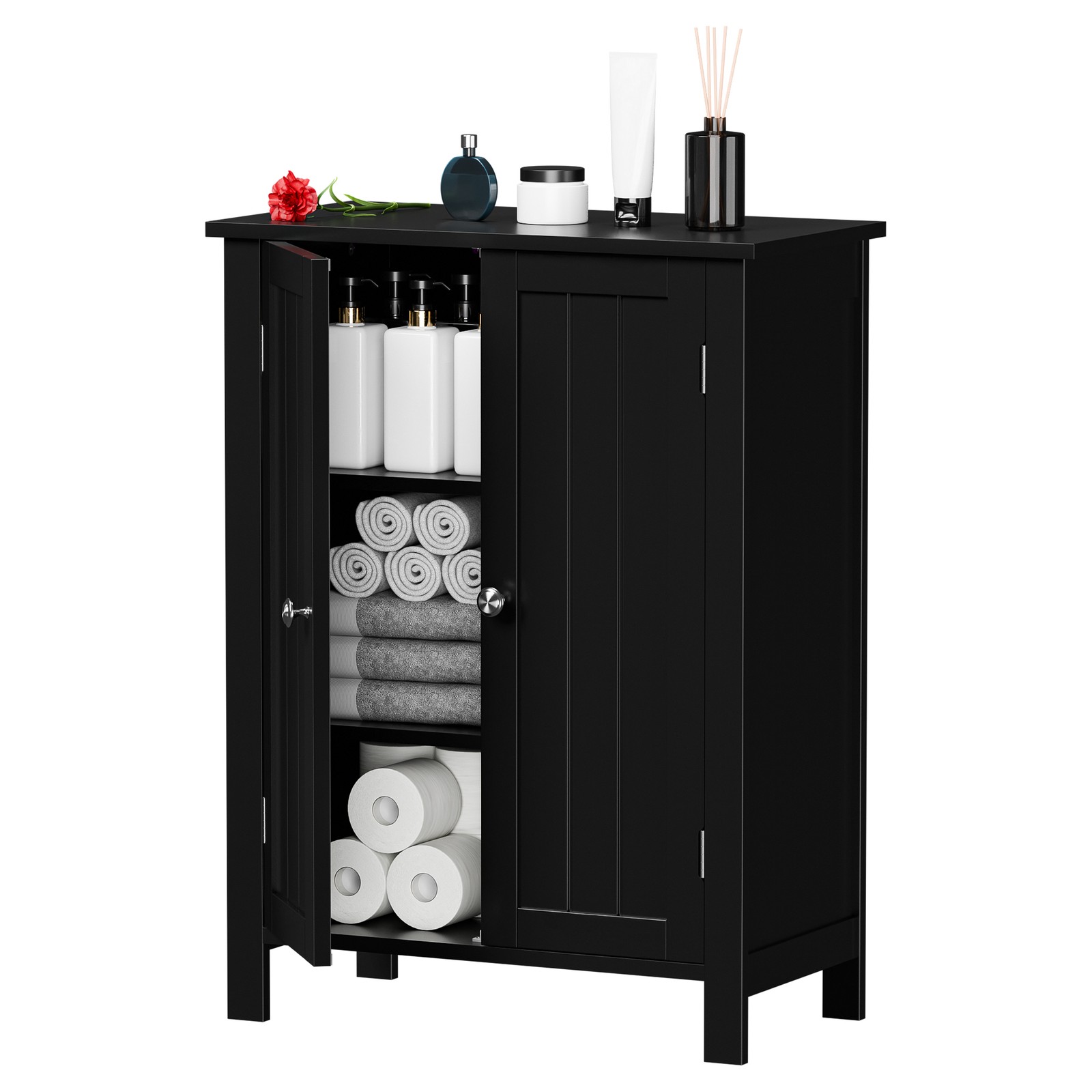 Bathroom Floor Storage Cabinet with Adjustable Shelf Double Door Organizer Black