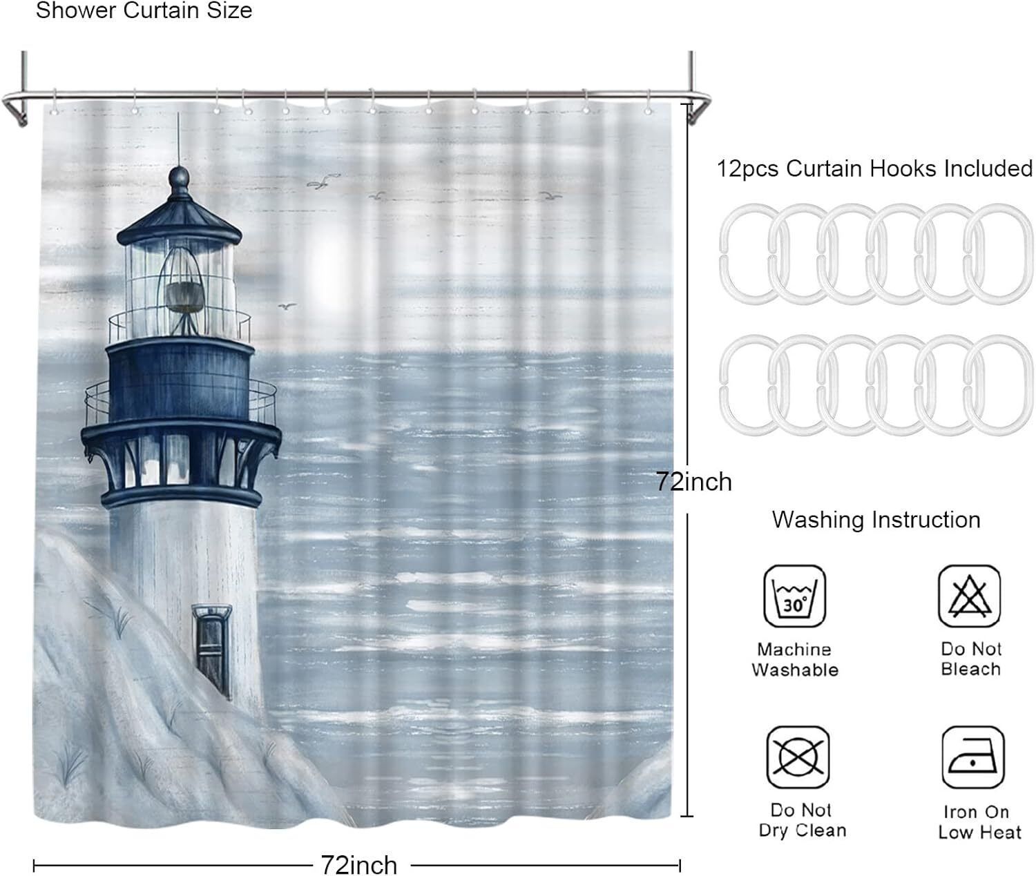 Lighthouse Shower Curtain Bathroom Decor 72"x72" Ocean Sunrise Nautical