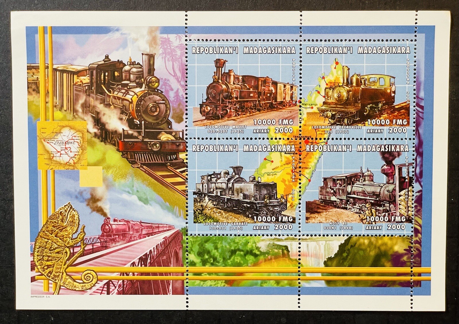 MADAGASCAR TRAINS STAMPS SHEET MNH 2000 RAILROAD STEAM LOCOMOTIVE RAILWAYS 1520