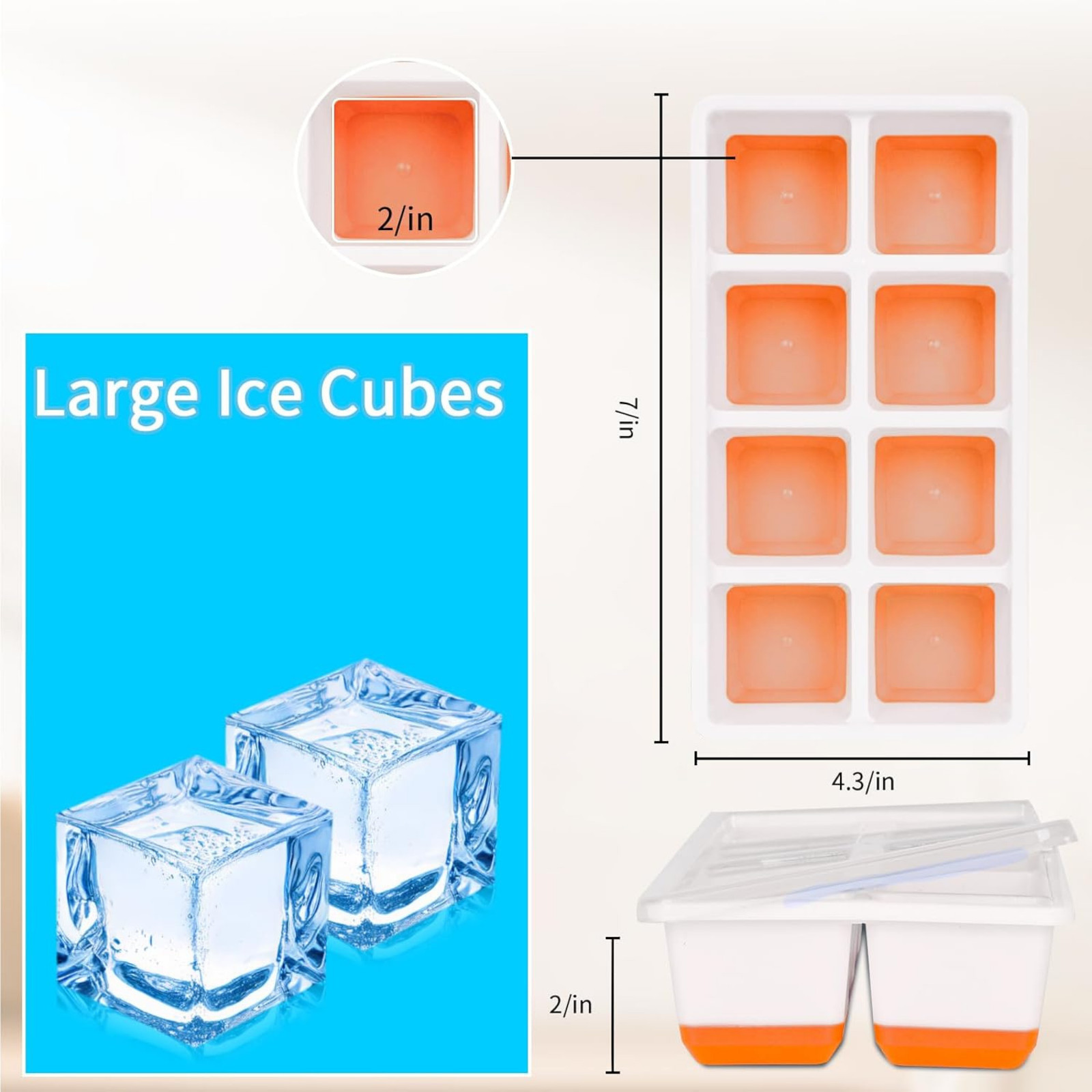 2pcs Large Ice Cube Tray with Lid, Stackable Big Silicone Square Ice Cube Mold