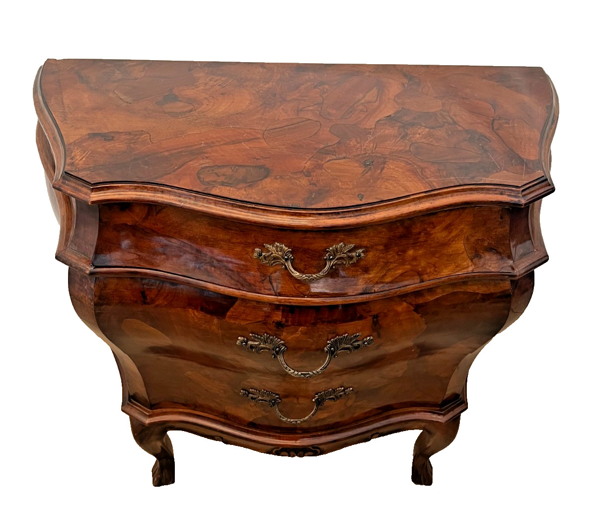 Vintage Venetian Bombe Commode Small Chest of Drawers Burl Turtle shell walnut