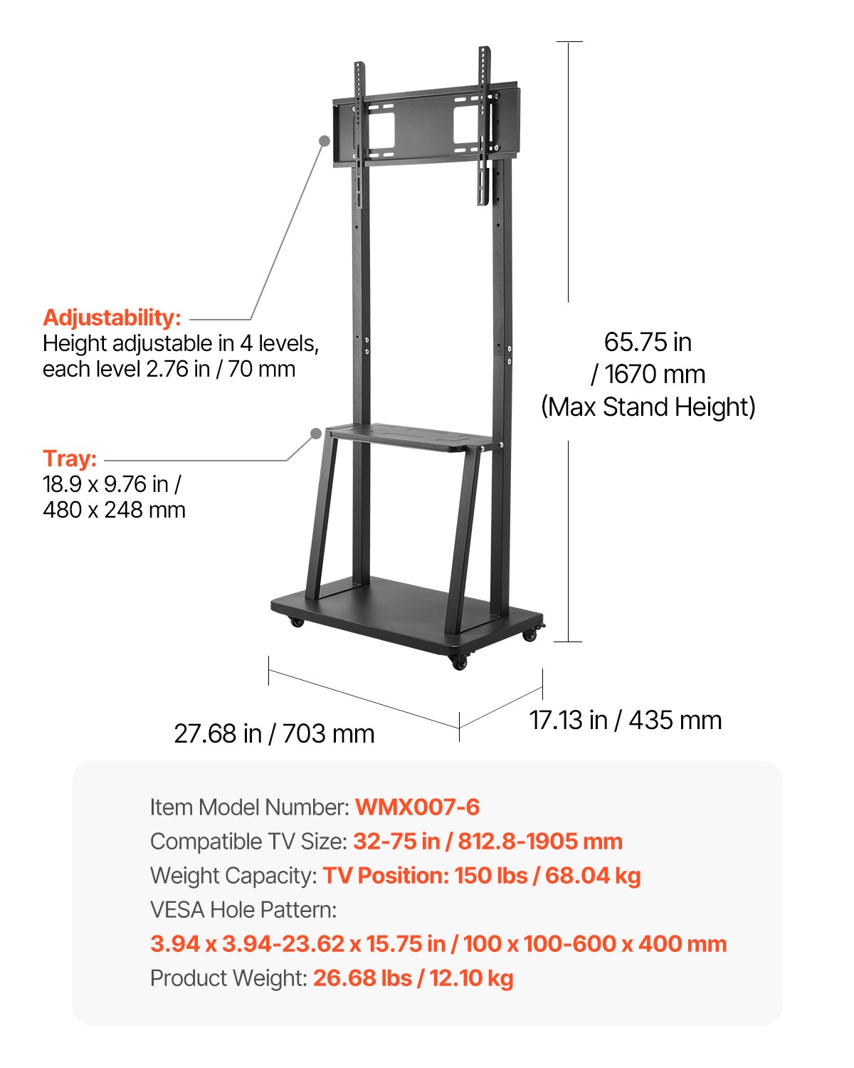32 to 75 Inch TVs Rolling TV Stand Mobile TV Cart Holds Up to 150 lbs Black