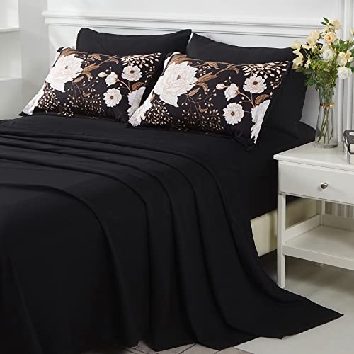 7 Piece Bed in a Bag Comforter Set Botanical Floral Bedding Queen Black Floral