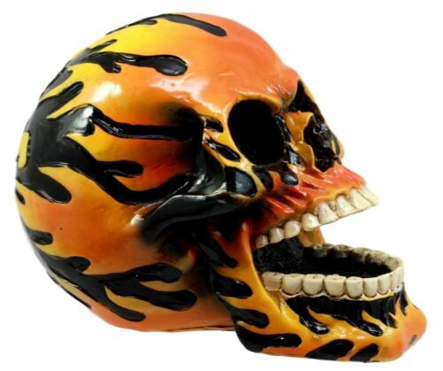 6.5" Length Hand Painted Flaming Human Skull Statue Skeleton Head Figure HOT!!
