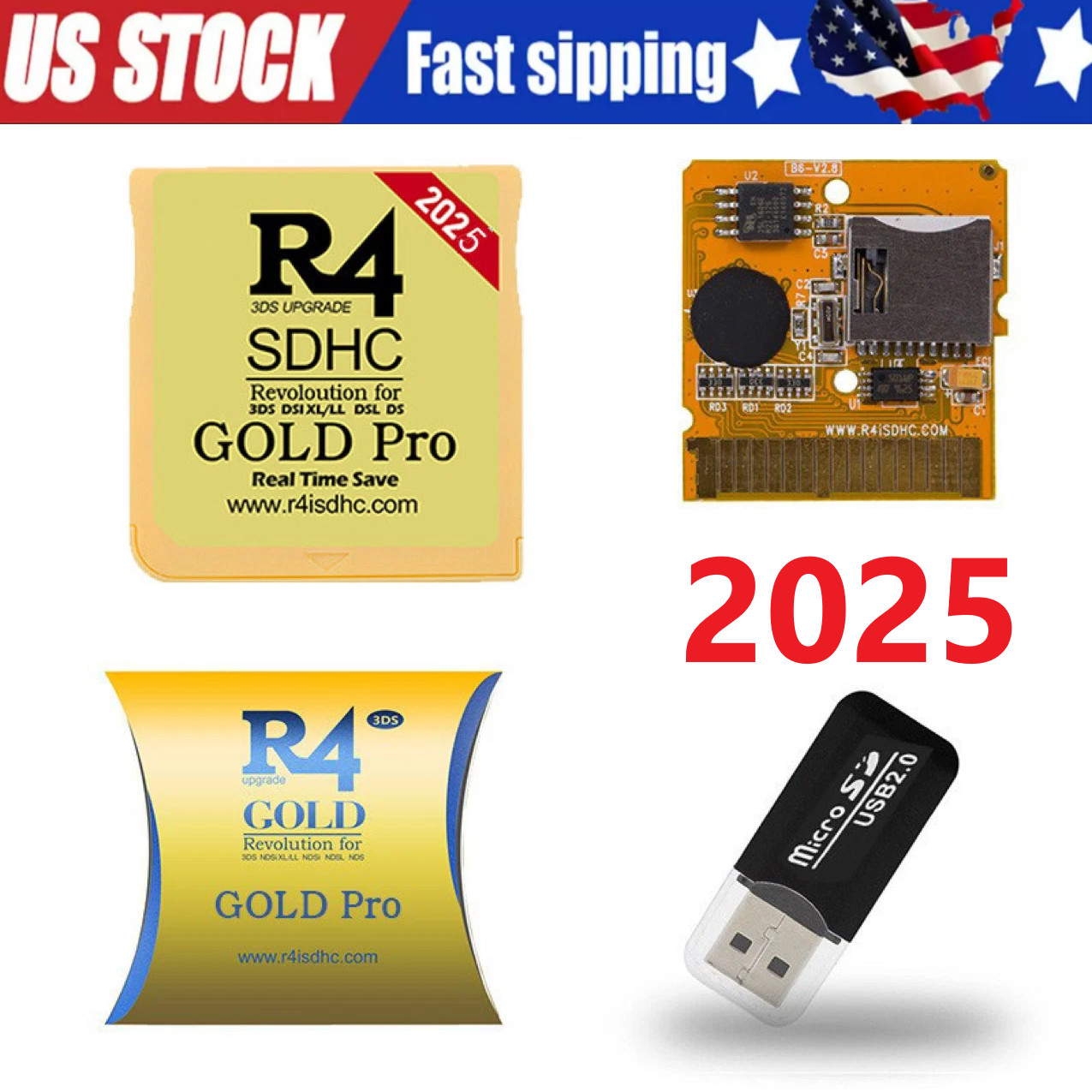 2025 Version R4 Gold Pro SDHC R4i For DS/3DS/2DS Revolution Cartridge + USB