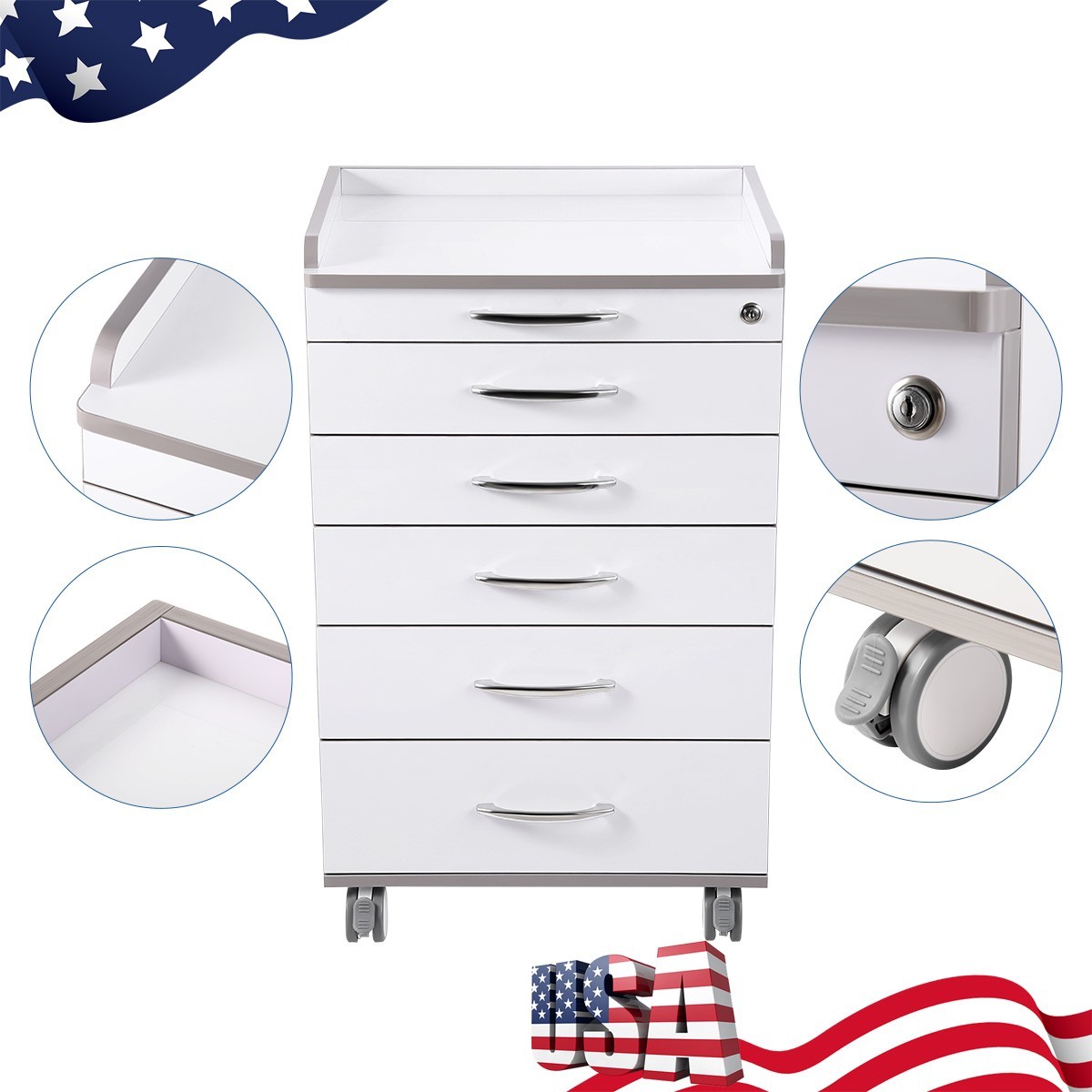 Acrylic Mobile Cabinet with Five Drawers Dental Silicone Wheels Instrument Trays