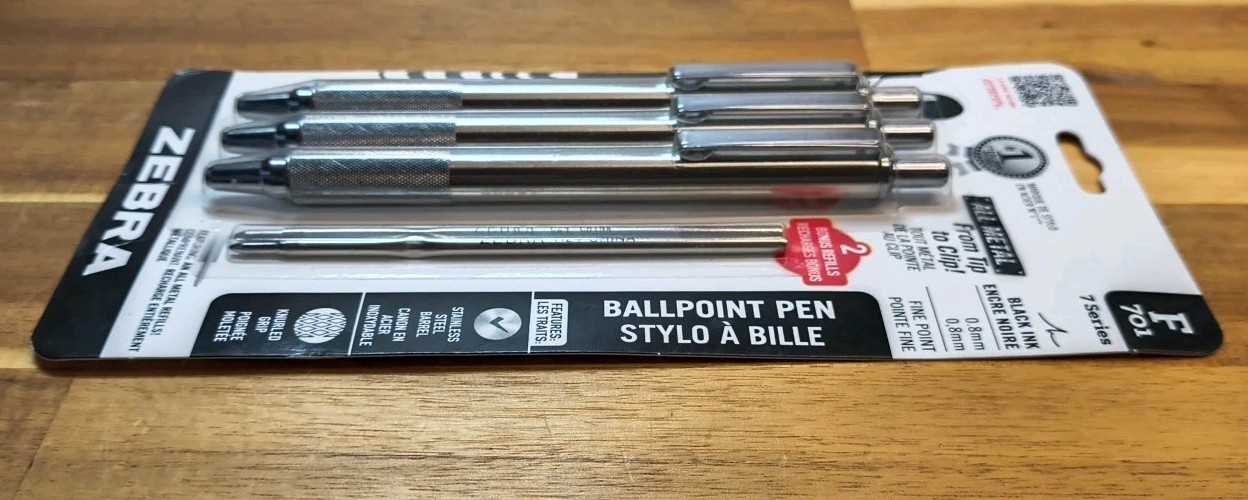 3 Pack Zebra F-701 Ballpoint Pens 2 Bonus Refills Stainless Steel Black Ink NEW