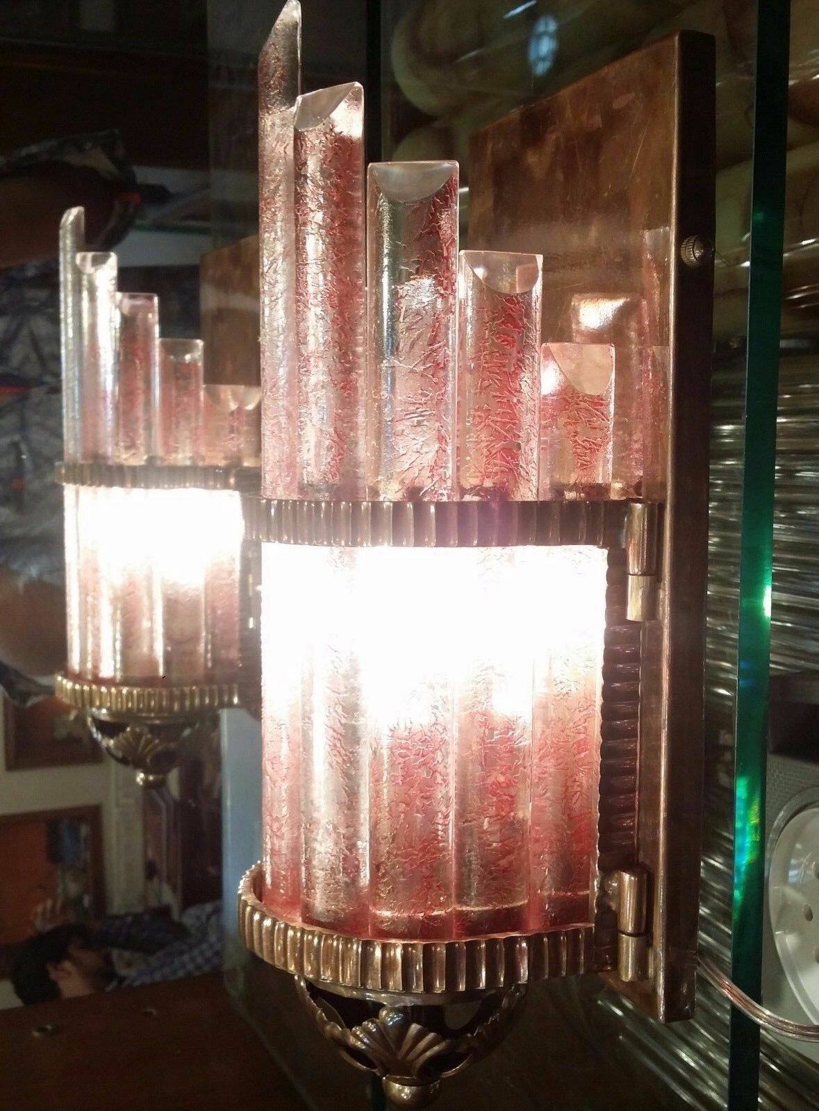 PAIR SKYSCRAPER ART DECO METRO LIGHT WALL SCONCES COPPER CAMEO GLASS SHIP LAMP