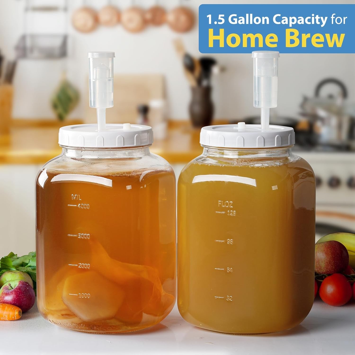 2 Pack Large Fermentation Jars, 1.5 Gallon Glass Jars with 100% Airtight Lid & 3
