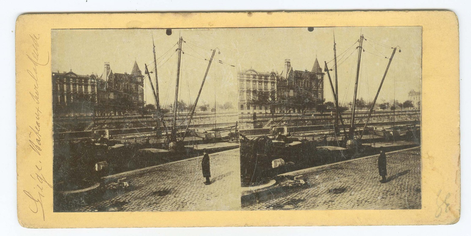 G2236~ FRANCE – Unidentified Siege Bateaux & Ship c1860s Stereoview