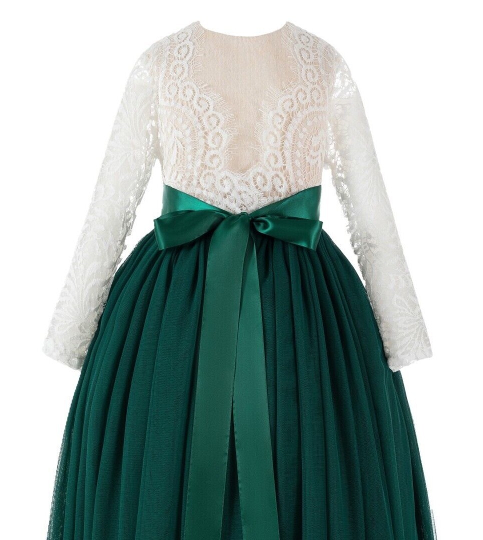 V-Back Lace Flower Girl Dress with Sleeves Communion Dress Girls Formal Dresses
