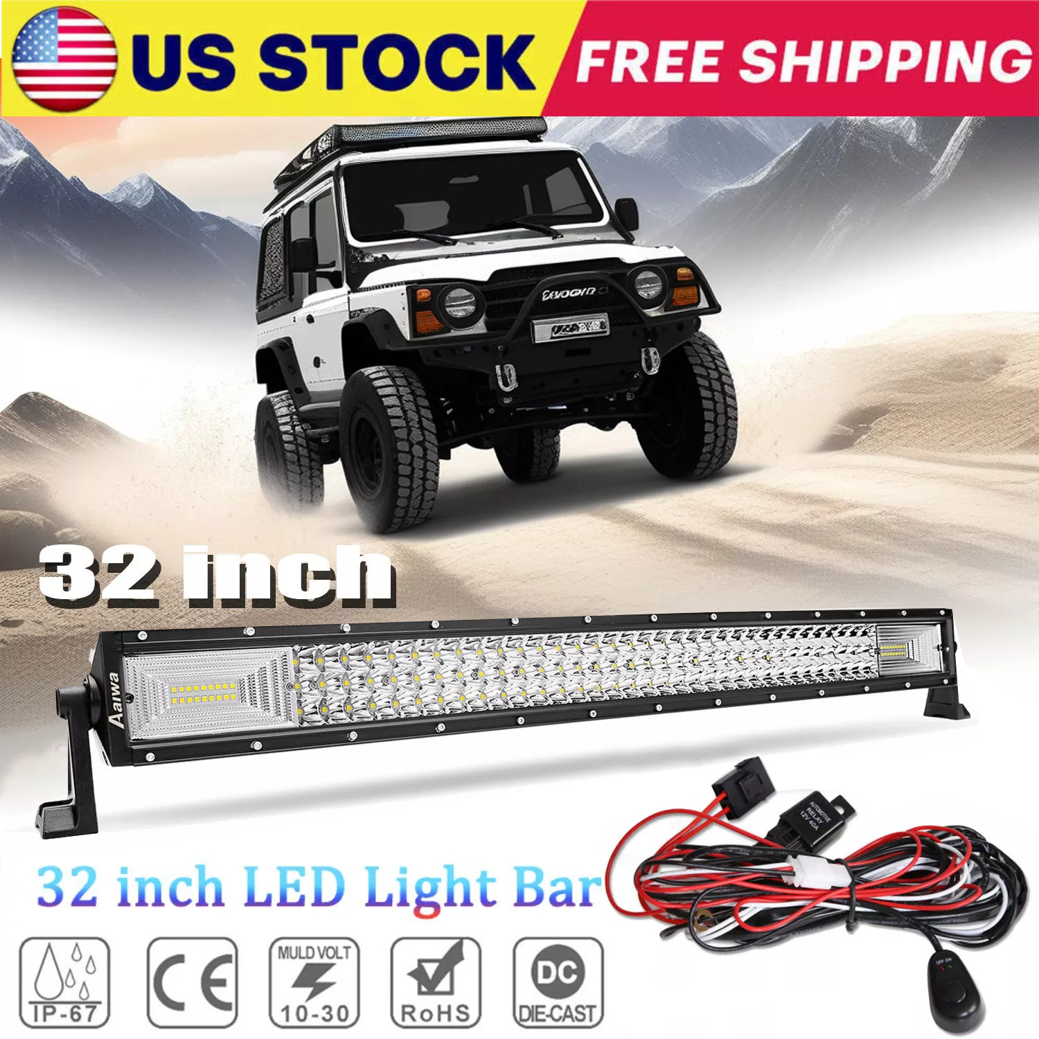 32 Inch LED LIGHT BAR Tri Row Spot Flood Combo Truck Offroad 4WD ATV SUV Light