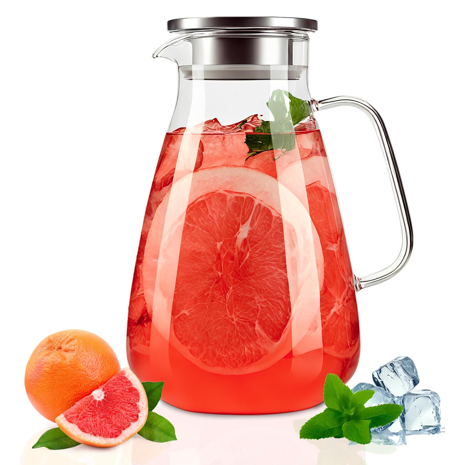 2 Liter 68 oz Glass Pitcher with Lid, Modern Design, Transparent, Leakproof, ...
