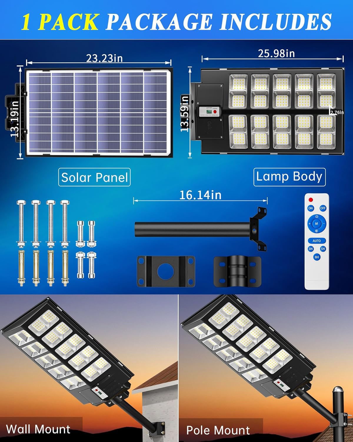 10000W LED Solar Street Light Dusk to Dawn Garden Super Bright Outdoor Road Lamp