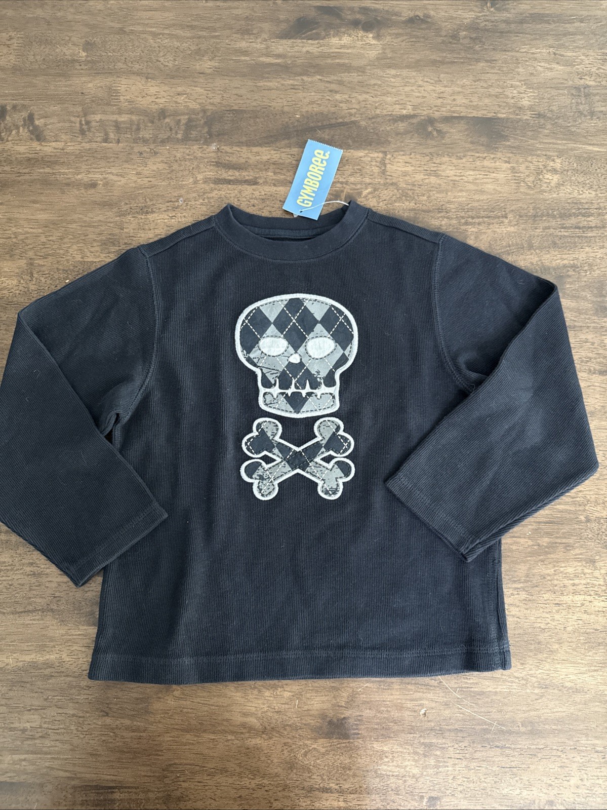 Gymboree Boys Skull Black & Gray Patch Embroidered Long Sleeve T-Shirt Sz 5 NWT