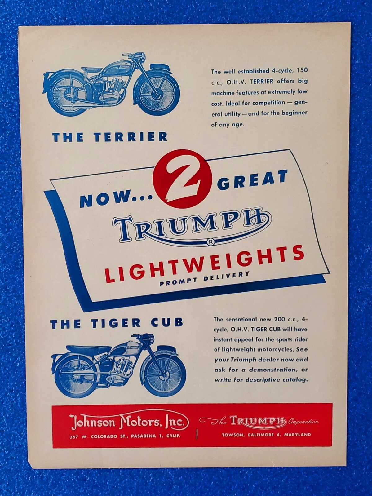 1954 CLASSIC TRIUMPH MOTORCYCLE PRINT AD THE TERRIER & TIGER CUB LIGHTWEIGHTS