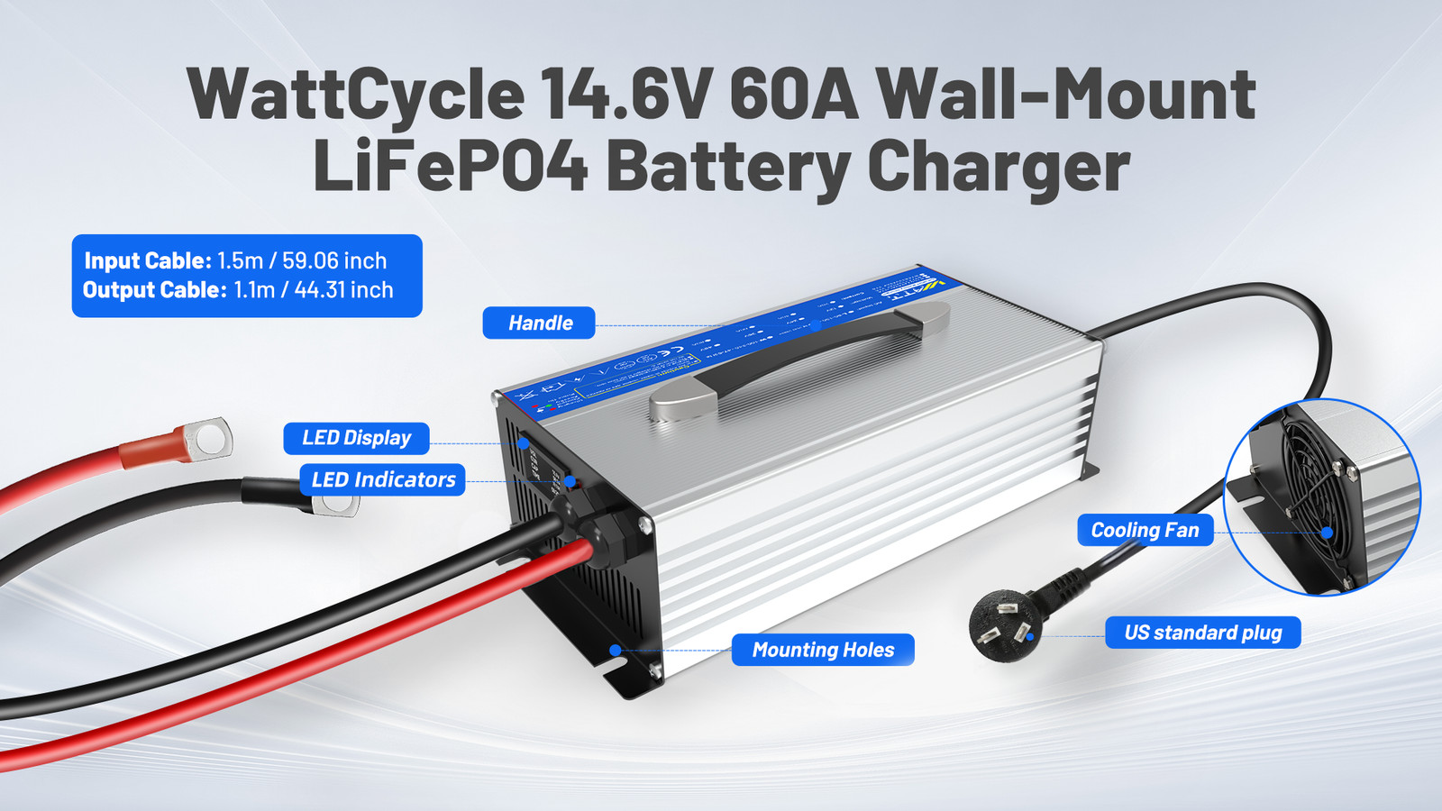 WattCycle 14.6V 60A LiFePO4 Battery Smart Charger For 12V Lithium Battery Solar
