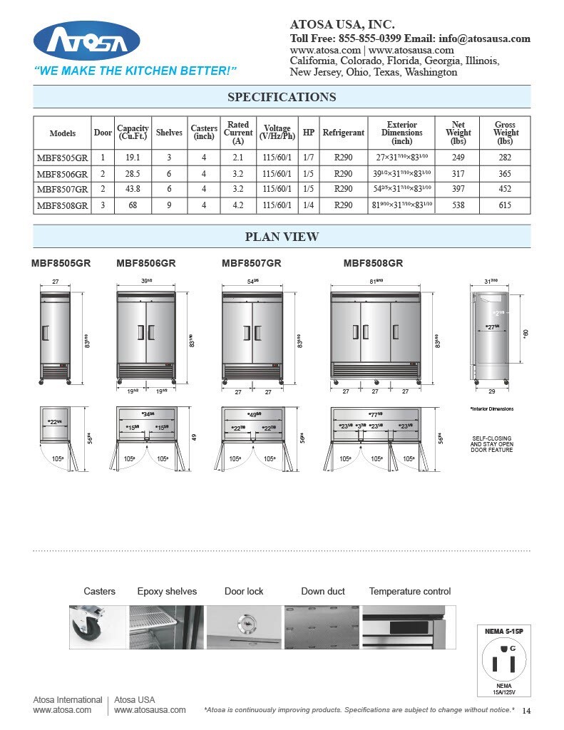 Atosa MBF8505GR, Bottom Mount 1-Door REFRIGERATOR