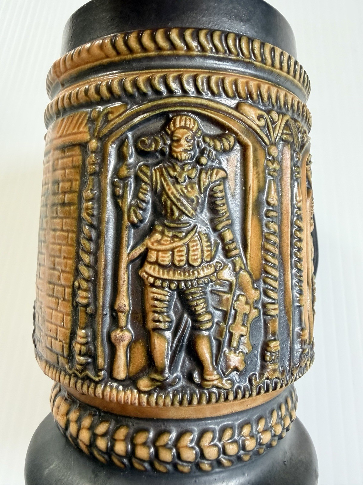 Vintage German Tankard Mug Beer Stein Brown/Orange Medieval Figures In Relief