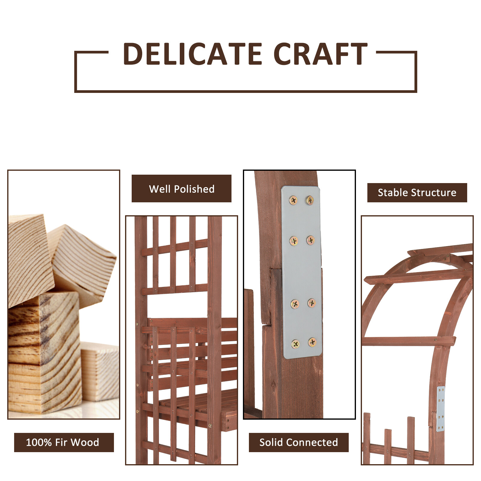 6.8FT Wooden Arch with Bench Garden Arbor Trellis for Climbing Plant Dark Brown