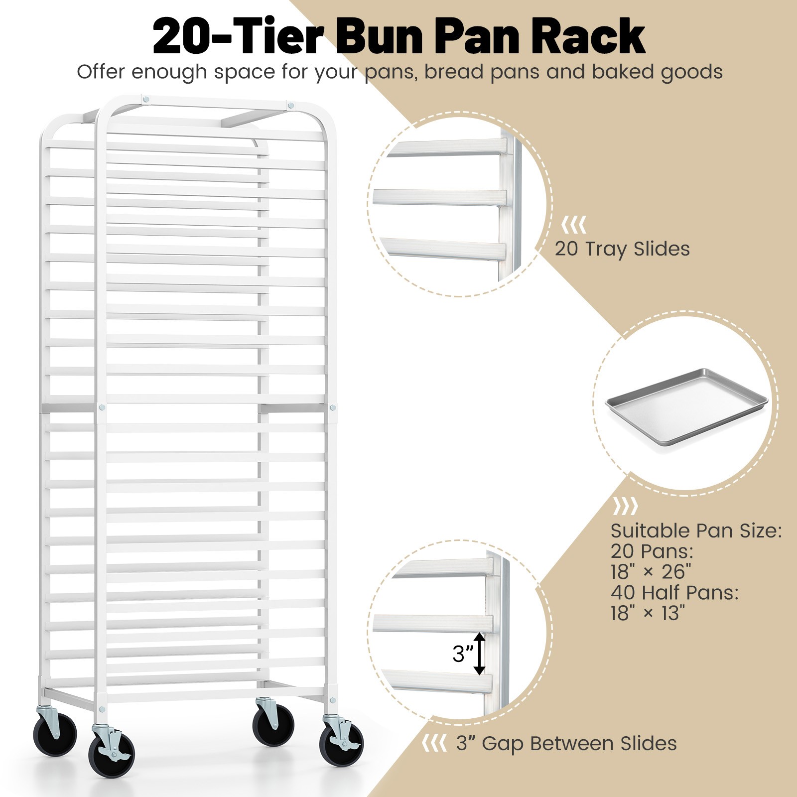 20-tier Bun Pan Speed Rack w/ Lockable Rubber Wheels 3" Spacing for Kitchen