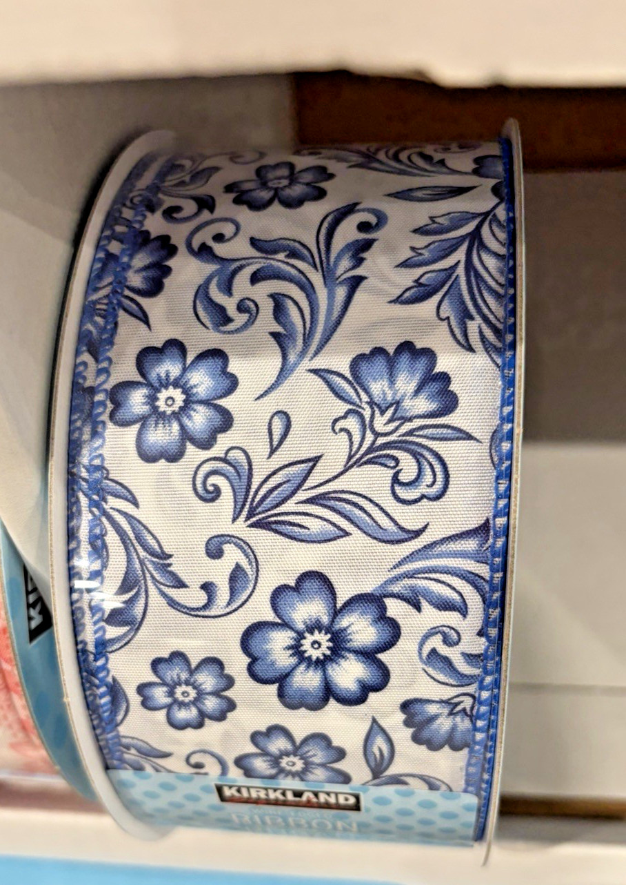 Kirkland Wire-Edged Ribbon blue and white floral 2 in Wide 50 YD